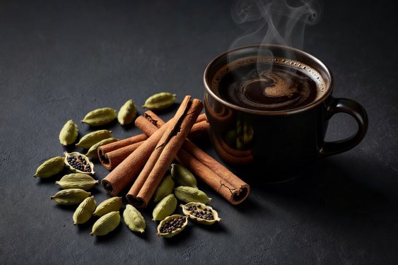 Cracked green cardamom pods and cinnamon quills on charcoal background
