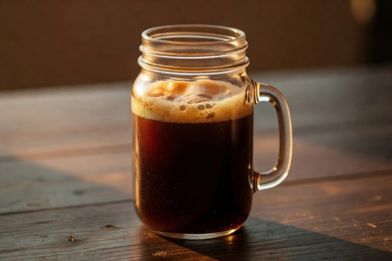 Mason jar of cold brew coffee resting in amber light with dense foam layer on top