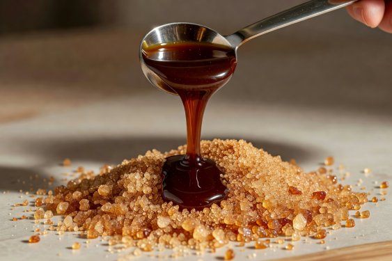 Rich molasses-tinted Demerara syrup pouring from stainless measuring spoon