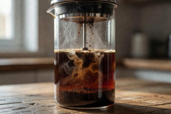 Glass French press with steeped coffee grounds sinking slowly to the bottom