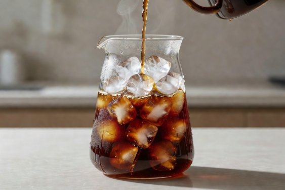 Clear carafe packed with dense ice cubes receiving a steady stream of hot brewed coffee