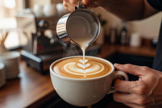 Barista pouring a rosetta pattern into a wide ceramic coffee cup