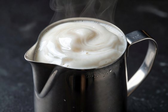Stainless steel milk pitcher showcasing glossy, wet paint-like microfoam surface