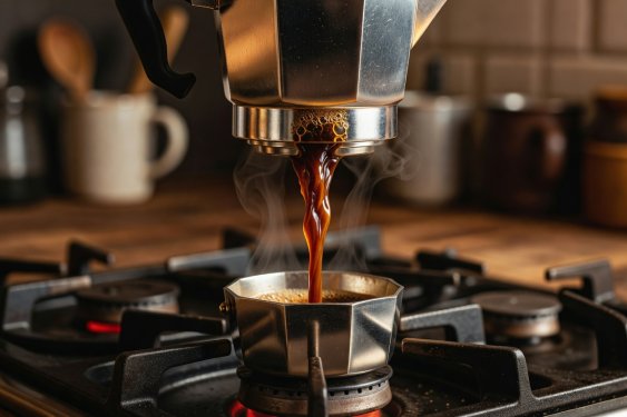 Stovetop moka pot chamber producing thick hazelnut-colored coffee stream