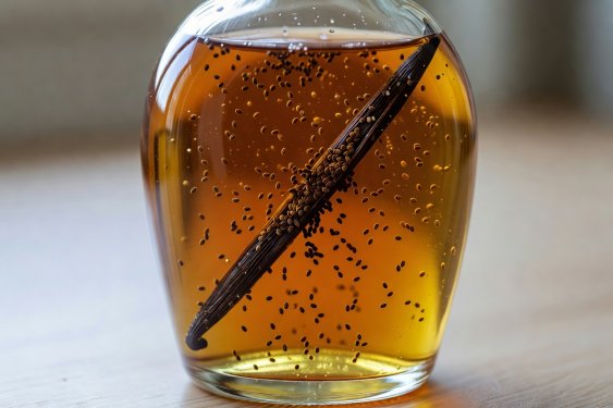 Glass syrup bottle showing steeped split vanilla bean pod and tiny black seeds